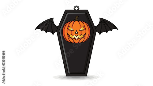 Spooky Halloween Decoration: A stylized Halloween decoration showcases a grinning jack-o'-lantern cradled in a coffin with bat wings, perfect for spooky ambiance.