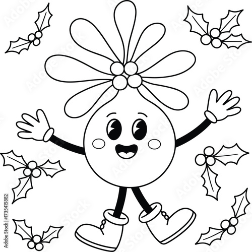 Cartoon mistletoe character with holly leaves for coloring vector