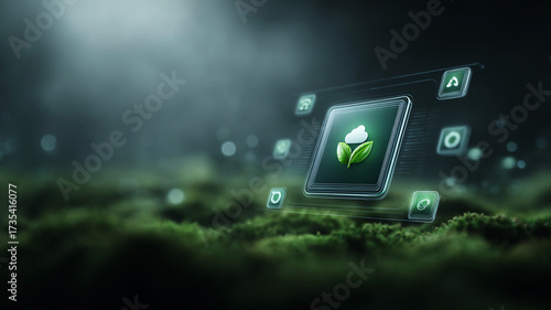 Hopeful innovation in green technology for sustainable future. digital processor connecting nature and ecology for carbon credit trading.