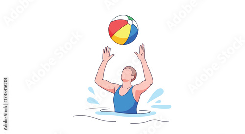 Illustration of a swimmer playing with a colorful beach ball in a refreshing aquatic environment, summer fun