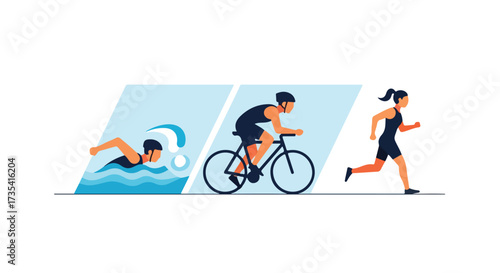 Triathlon disciplines vector illustration showcases swimming cycling and running in a clean graphic style presenting endurance sports challenges