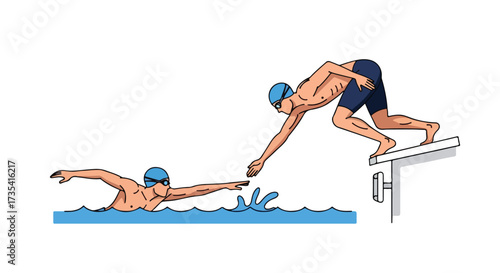 Illustrated swimmers depict competition with one diving and one swimming laps, enhancing aquatic sports representation within a vibrant and dynamic