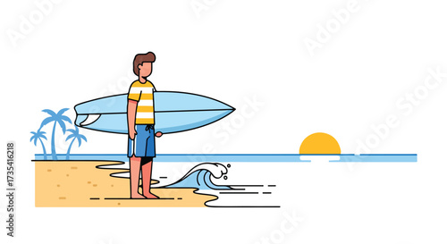 Minimalist illustration of a surfer contemplating the ocean at sunset on a tropical beach landscape