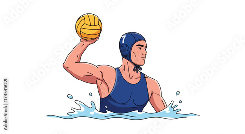 Dynamic water polo athlete in action, illustrated with vibrant water splashes and focused expression, showcasing the energy of aquatic sports