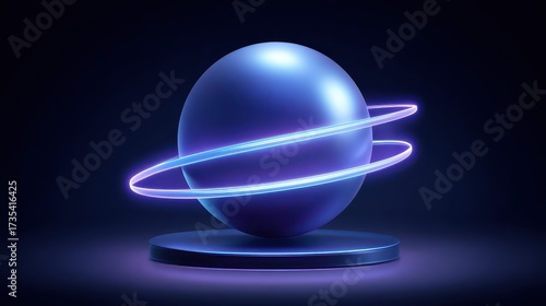 A glowing sphere with neon rings in a futuristic dark setting