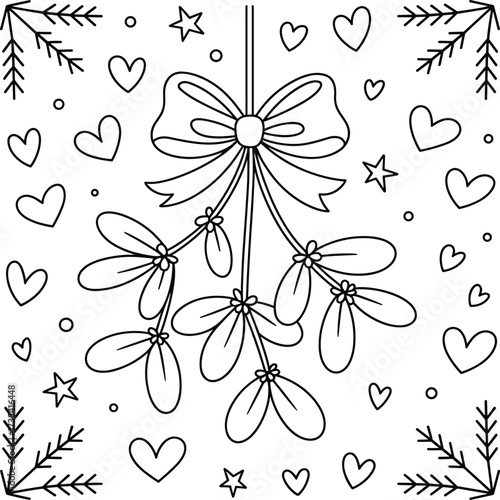 Black and white line drawing of mistletoe bow and festive elements heart star