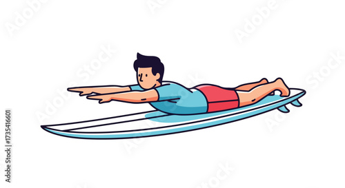Illustrated surfer laying prone on longboard, ready to paddle out to catch some waves, isolated on white background, simplistic design ideal for