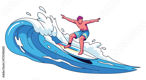Dynamic surfer carving through a vibrant blue wave with white splashes and cartoonish style illustration that conveys freedom and skill on a summer