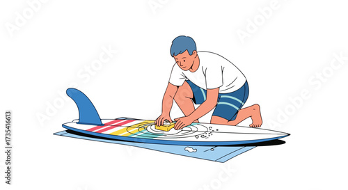 Illustrated surfer preparing his surfboard for a wave-riding session at the beach on a sunny day symbolizing ocean passion and summer fun