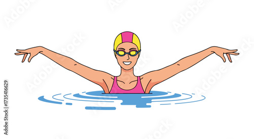 Synchronized swimmer performing a routine in a pool, a colorful illustration with outstretched arms, showing sport dedication and water artistry in