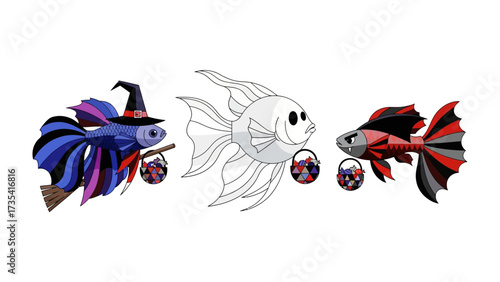Halloween Fantasy: A charming scene unfolds with three whimsical goldfish, one adorned in a witch hat, another in outline form, and the third in Halloween colors, all playfully holding treat baskets.