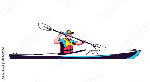 Man paddling kayak on calm water enjoying the sport and the nature around him outdoor water activity vector illustration recreational pursuit