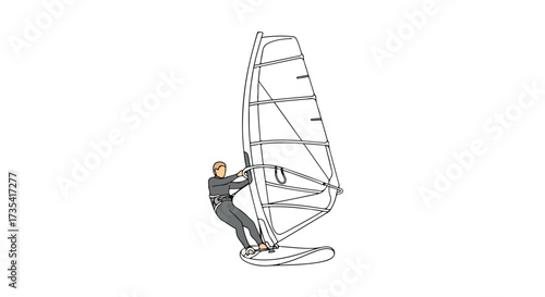 Illustrative artwork displaying the sport of windsurfing in a simplistic yet expressive style with focus on the human figure and watercraft device
