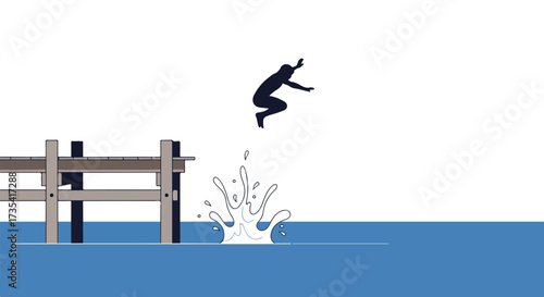 Silhouette figure plunges from dock, creating a dynamic water splash, evoking feelings of summer adventure and the thrill of recreational activities