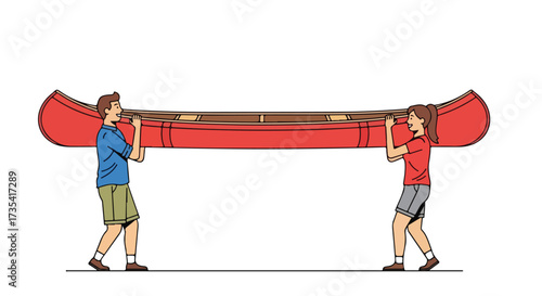 Two people carrying a red canoe together, depicting teamwork and recreational outdoor activities, ideal for summer adventures concept