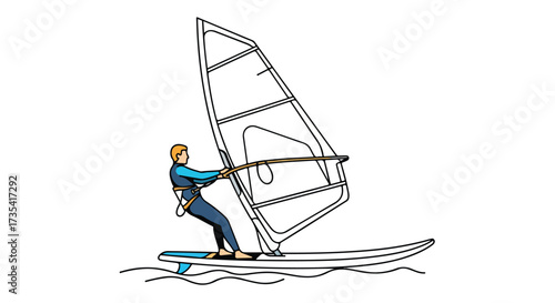 Illustration depicting a windsurfer in action navigating the water with skill and precision on a summer day conveying the sense of freedom and