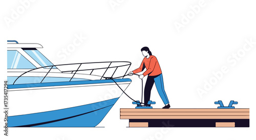 Illustration depicting a person mooring a private motorboat to a dock, showcasing nautical activity and waterfront scenery