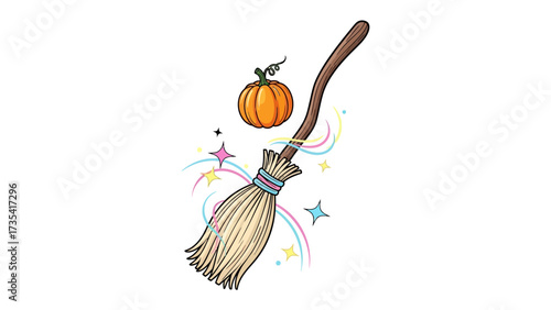 Spooky Broom: An enchanted broom, complete with a bright pumpkin, swirls of magical energy, and twinkling stars against an imaginative canvas. Perfect for Halloween, fantasy, and decorative designs. 