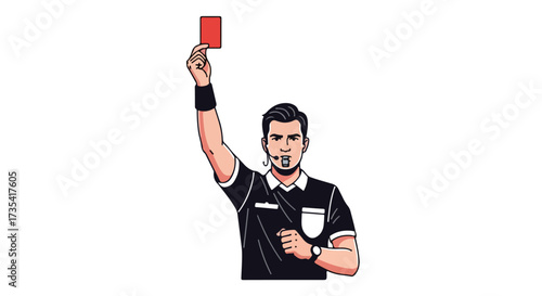 A stern football referee signals a foul with a raised red card, emphasizing discipline and enforcement of the game's regulations