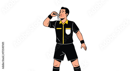Illustration of a male referee signaling with a whistle, emphasizing the role of authority and rule enforcement in sports scenarios