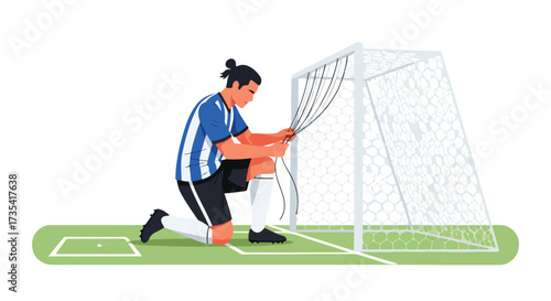 Focused footballer meticulously repairing goal net, demonstrating dedication and teamwork before an important match preparation action