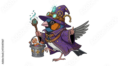 Whimsical Wizard Bird: A charming bird dressed as a wizard, adorned with a pointed hat, holding a magic staff and a basket of sweets, inviting viewers into a world of fantasy.