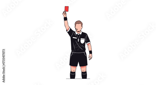 Cartoon illustration depicting a soccer referee sternly presenting a red card indicative of player ejection or serious foul play decision portrayed