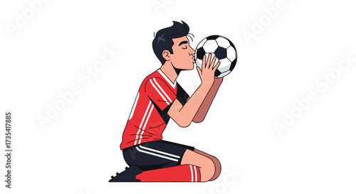 Soccer player expressing his love for the game by kissing the ball with passion and adoration celebrating the football achievement and dedication