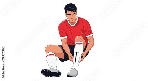 Focused soccer athlete preparing for a match, adjusting shin guards and socks with determined expression on a white background illustration 150