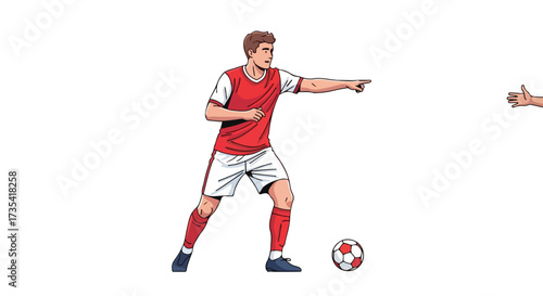 Animated soccer player pointing toward another hand in isolated white background vector illustration featuring sports strategy during a game