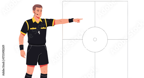 Illustrative referee pointing towards a schematic sports field diagram, indicating a specific zone with focused concentration and authority