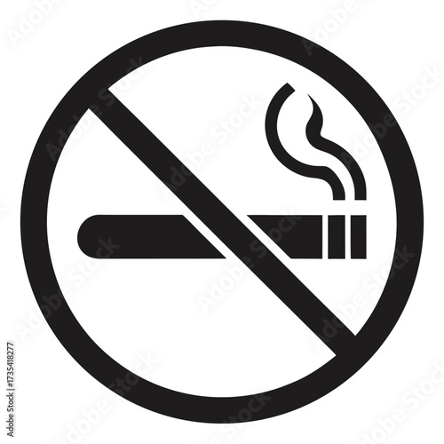 Black no smoking prohibition symbol with a cigarette and smoke on a white background forbidden