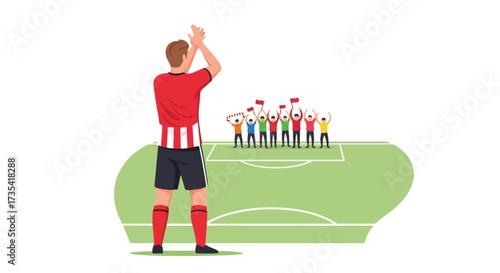 Soccer victory celebration: Player acknowledges cheering fans on the bright green field conveying team success after a great performance