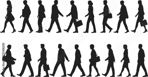 Silhouettes of diverse people walking, urban commuters in motion, professional attire, business travel, city lifestyle, pedestrian movement, modern fashion, everyday routine, human activity