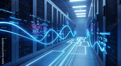 Futuristic data center with glowing blue data streams and server racks server room technology