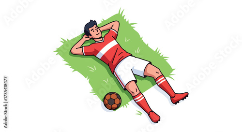 A cartoon footballer dressed in red and white lies on the grass relaxing after a match or during practice session enjoying a moment of calm and