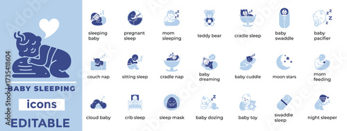 Clean baby sleeping vector icons for nursery, parenting, and childcare designs with modern editable style.
