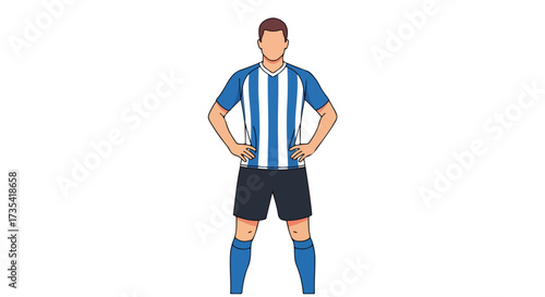 Isolated cartoon illustration showcasing a soccer player in full uniform standing confidently with hands on his hips against a bright background