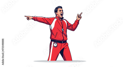 Animated coach with a whistle shouting instructions during a training session or sports game with a red track suit and animated style