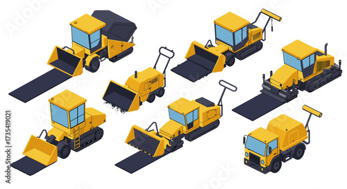 Isometric construction vehicles set with excavators and bulldozers in yellow