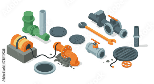 Industrial plumbing elements in isometric design featuring pipes and valves