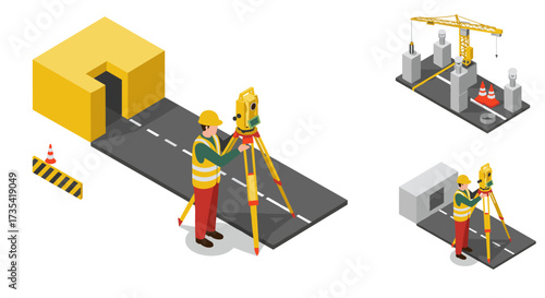 Isometric construction surveyor with 3d road plan and crane equipment