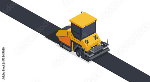 Isometric road construction with asphalt paver on highway