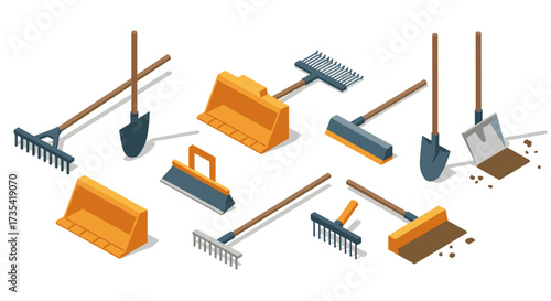 Isometric garden tools collection rakes, shovels, spades, and more