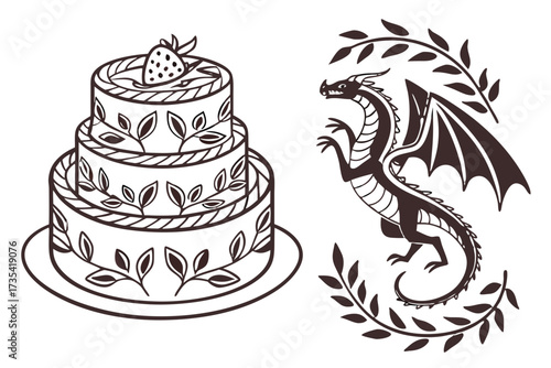 Three tier cake with strawberry and dragon with leaves