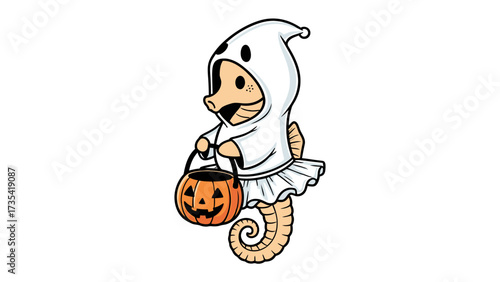 Seahorse Halloween: A whimsical cartoon depicts a charming seahorse in a ghost costume holding a jack-o'-lantern trick-or-treating, showcasing festive delight and seasonal fun.