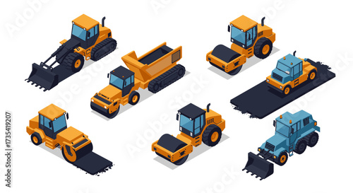 Construction vehicles in isometric style for road and building projects