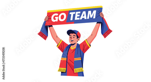 Enthusiastic supporter cheering with banner and scarf, displaying team spirit and unwavering support in a vibrant illustration