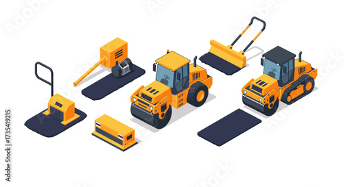 Construction equipment collection in isometric style with asphalt rollers and compactors