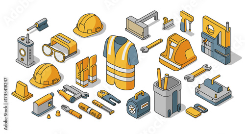 Construction equipment and safety gear collection in isometric style